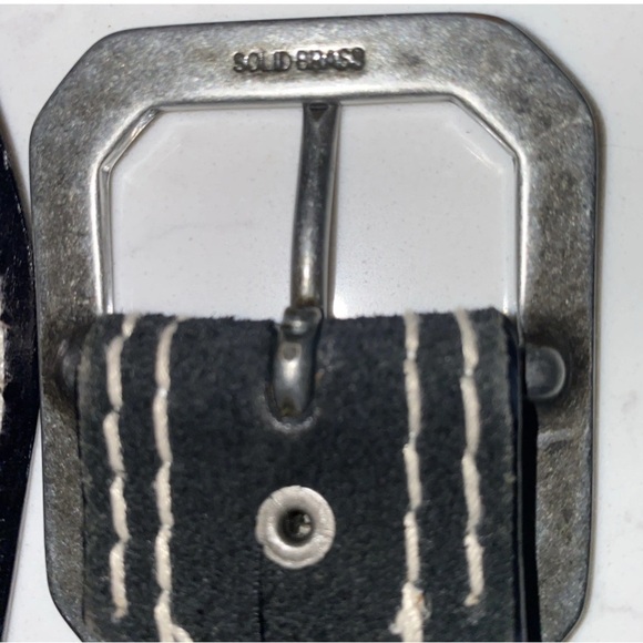 Lands End 28-30" Black Leather Suede Belt w/Decorative Stitching & Brass Buckle - Picture 4 of 6